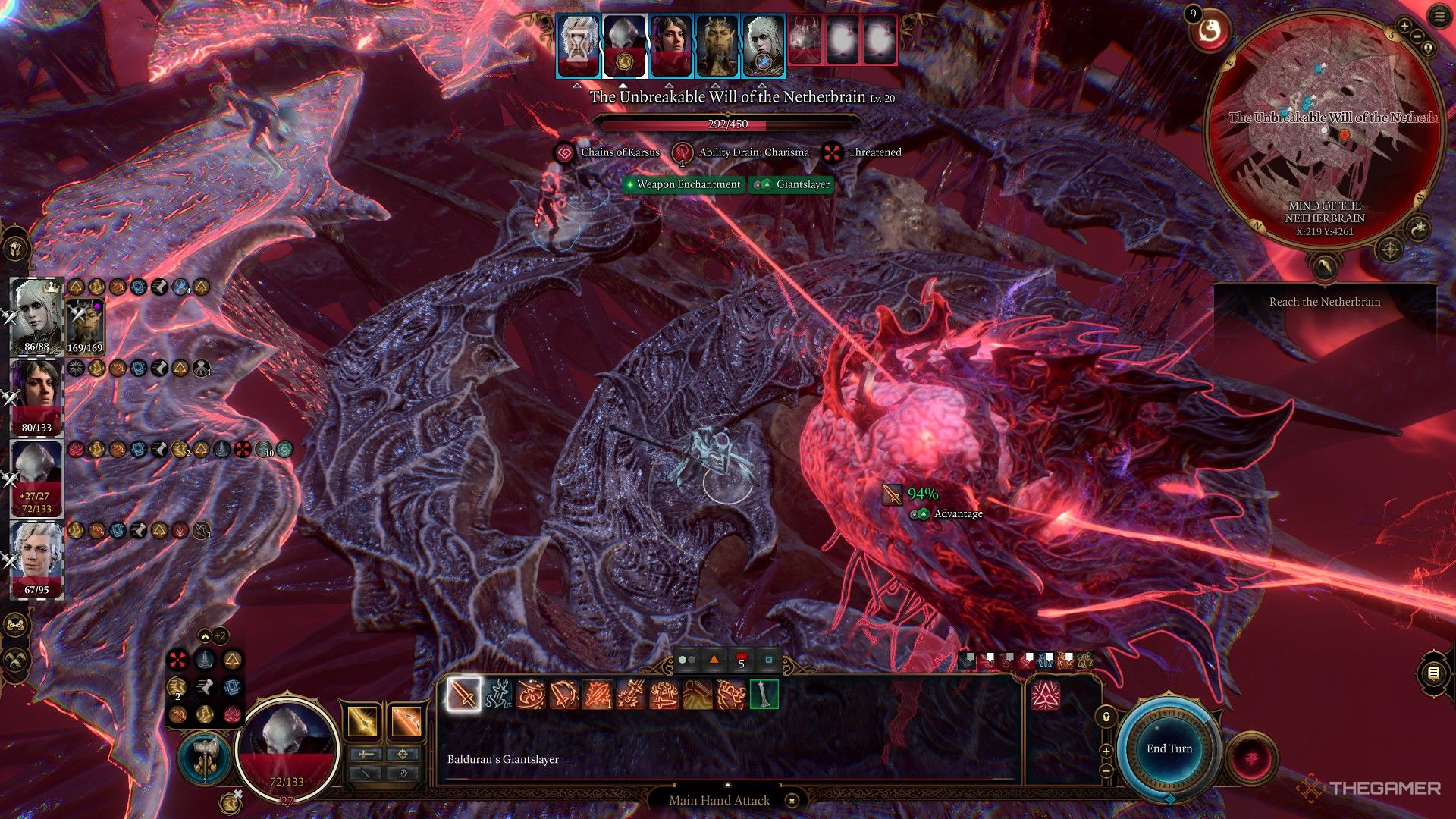 Mindflayer ampliado Karlach usa el Giantslayer de Balduran en el Netherbrain en Baldur's Gate 3.