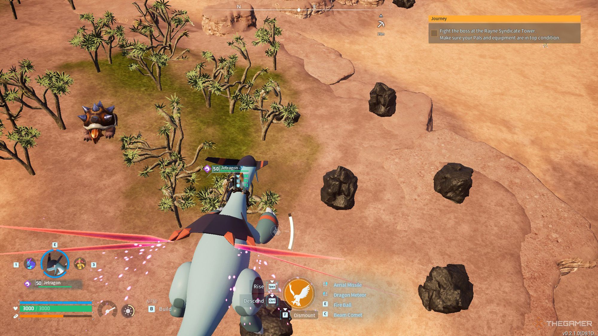 Palworld - Jugador volando con Jetragon sobre minas de carbón en el desierto