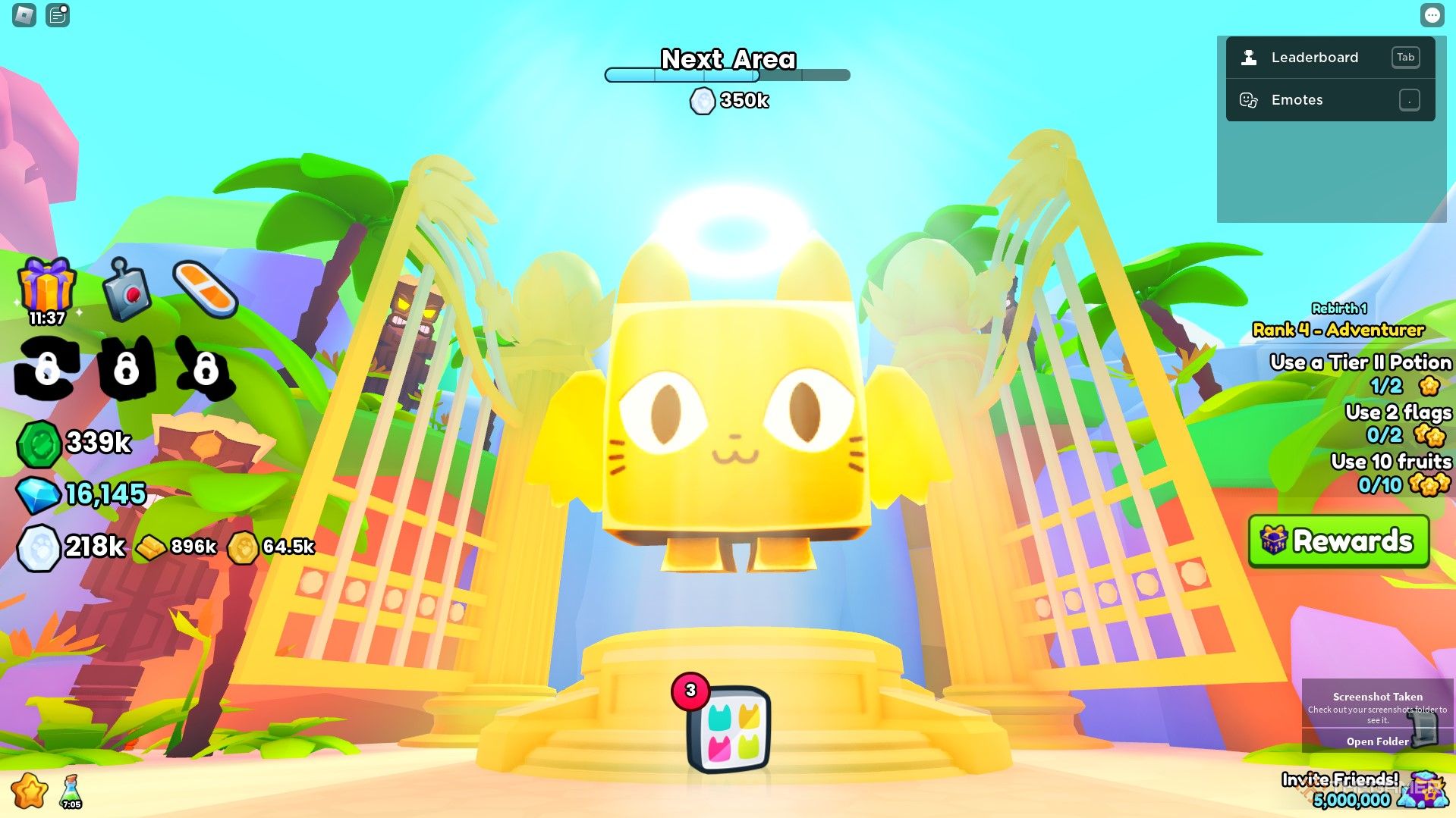 La primera estatua del renacimiento en Pet Simulator 99, un gatito gigante, dorado y angelical.