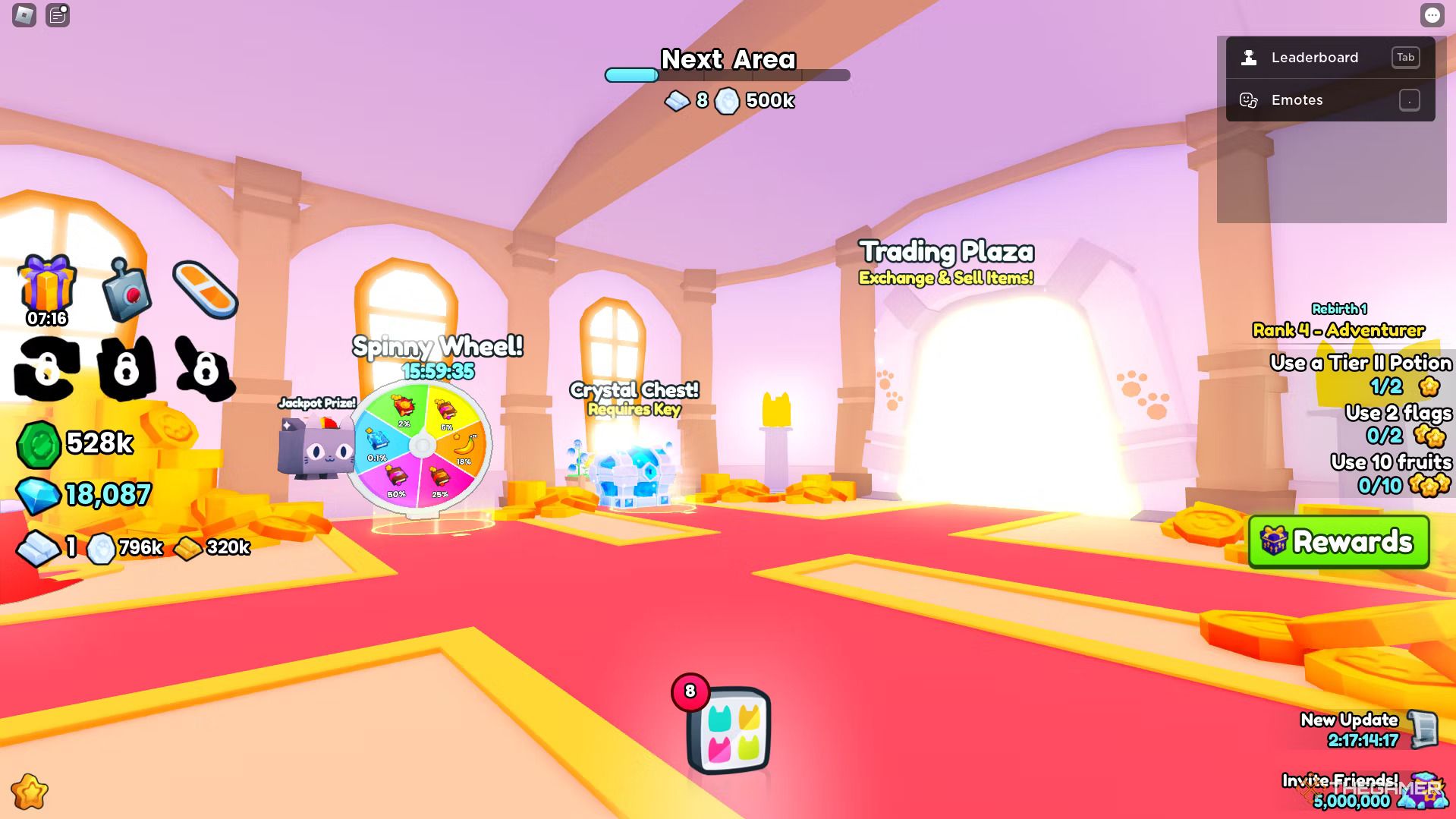 Dentro del castillo con la rueda giratoria, el cofre de cristal y el simulador de mascotas Trading Plaza 99 