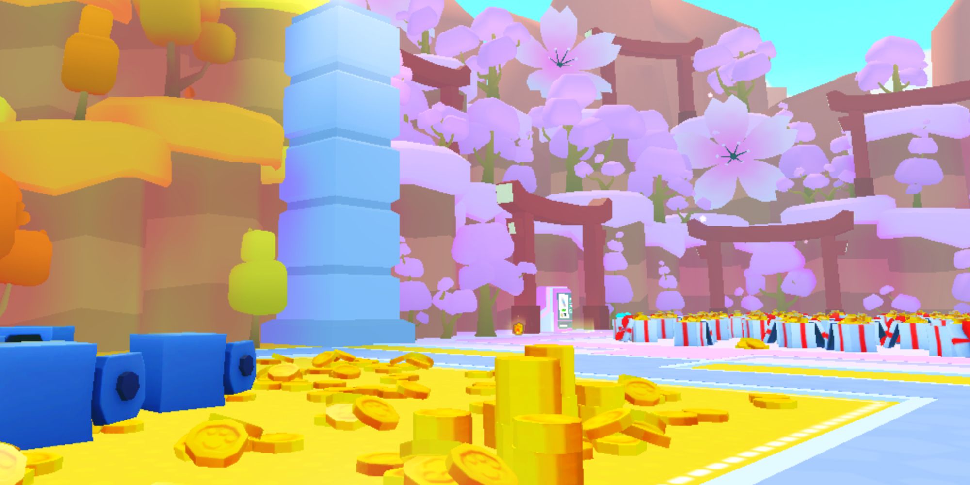 Dos áreas llenas de monedas y regalos en Roblox Pet Simulator 99