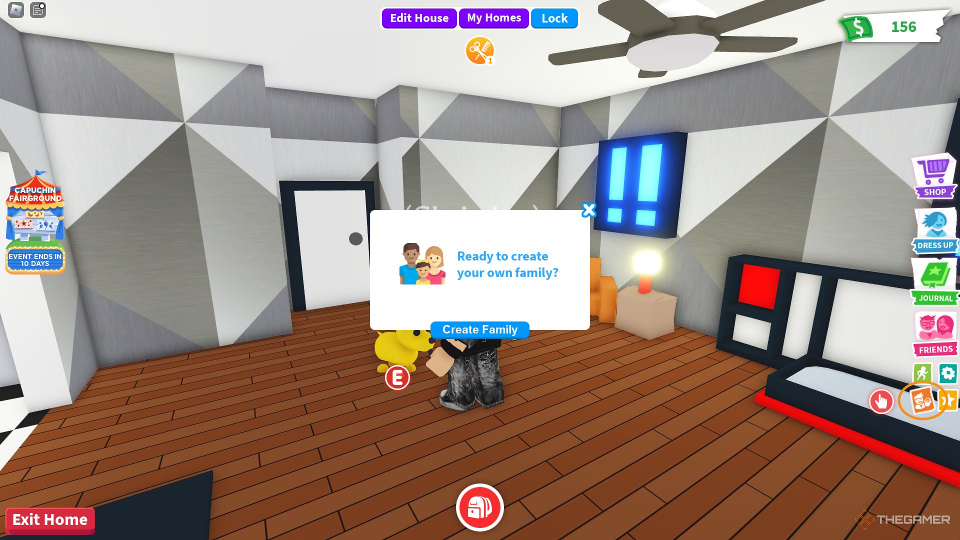 Una captura de pantalla de Roblox: Adopt Me que muestra al personaje del jugador parado en una casa con una ventana emergente que dice 