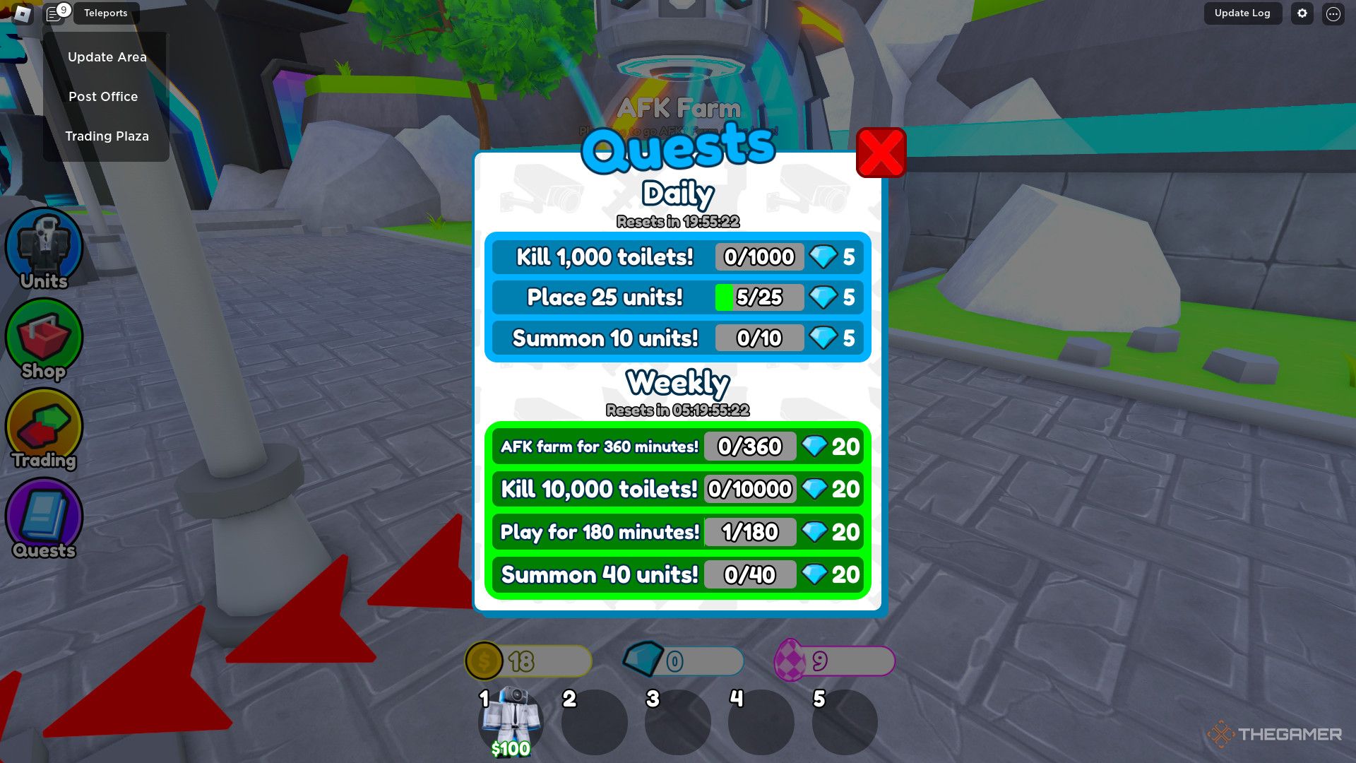 Una captura de pantalla de Roblox que muestra la interfaz de Misiones con encabezados para las misiones diarias y semanales.  Las recompensas por las misiones diarias son cinco gemas y las misiones semanales son 20 gemas.