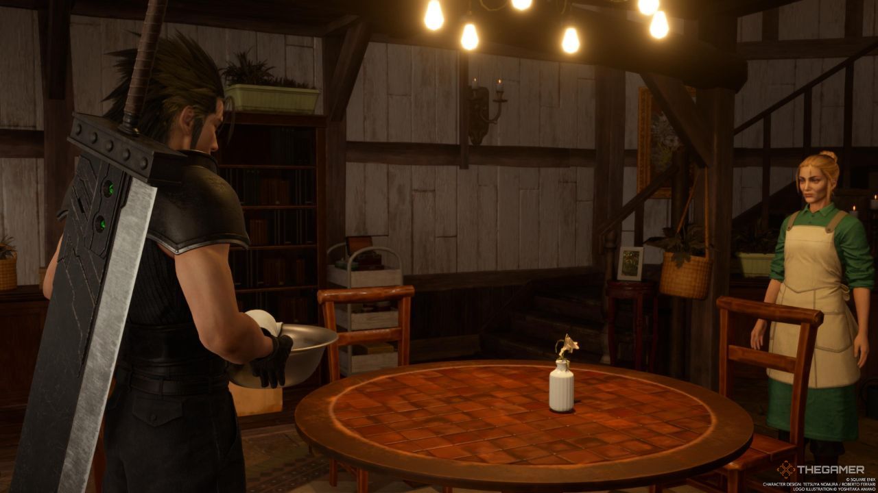 Zack sosteniendo un lavabo en la casa de Aerith en Final Fantasy 7 Rebirth.