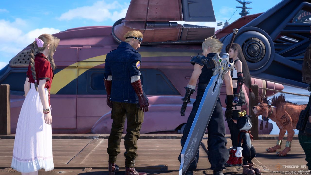 Cloud y el grupo desembarcando en el muelle cerca de la Costa del Sol en Final Fantasy 7 Rebirth.