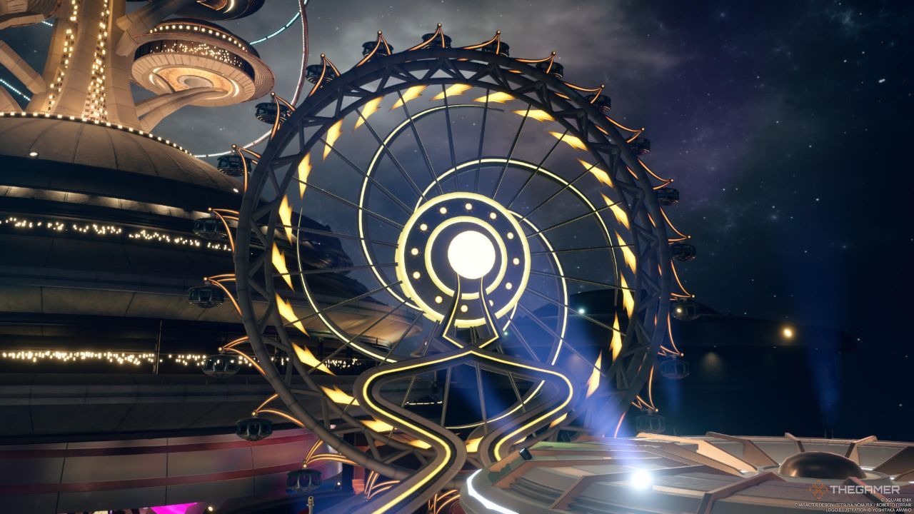 El Skywheel en Gold Saucer, en pleno funcionamiento durante la cita nocturna en Final Fantasy 7 Rebirth.