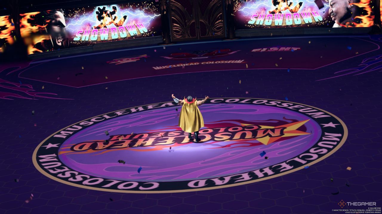 Dio saludando a la multitud en el evento Fight for Naming Rights en Final Fantasy 7 Rebirth.