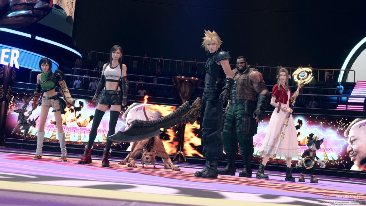 Cloud y su grupo se preparan para la primera ronda en Musclehead Colosseum en Final Fantasy 7 Rebirth.