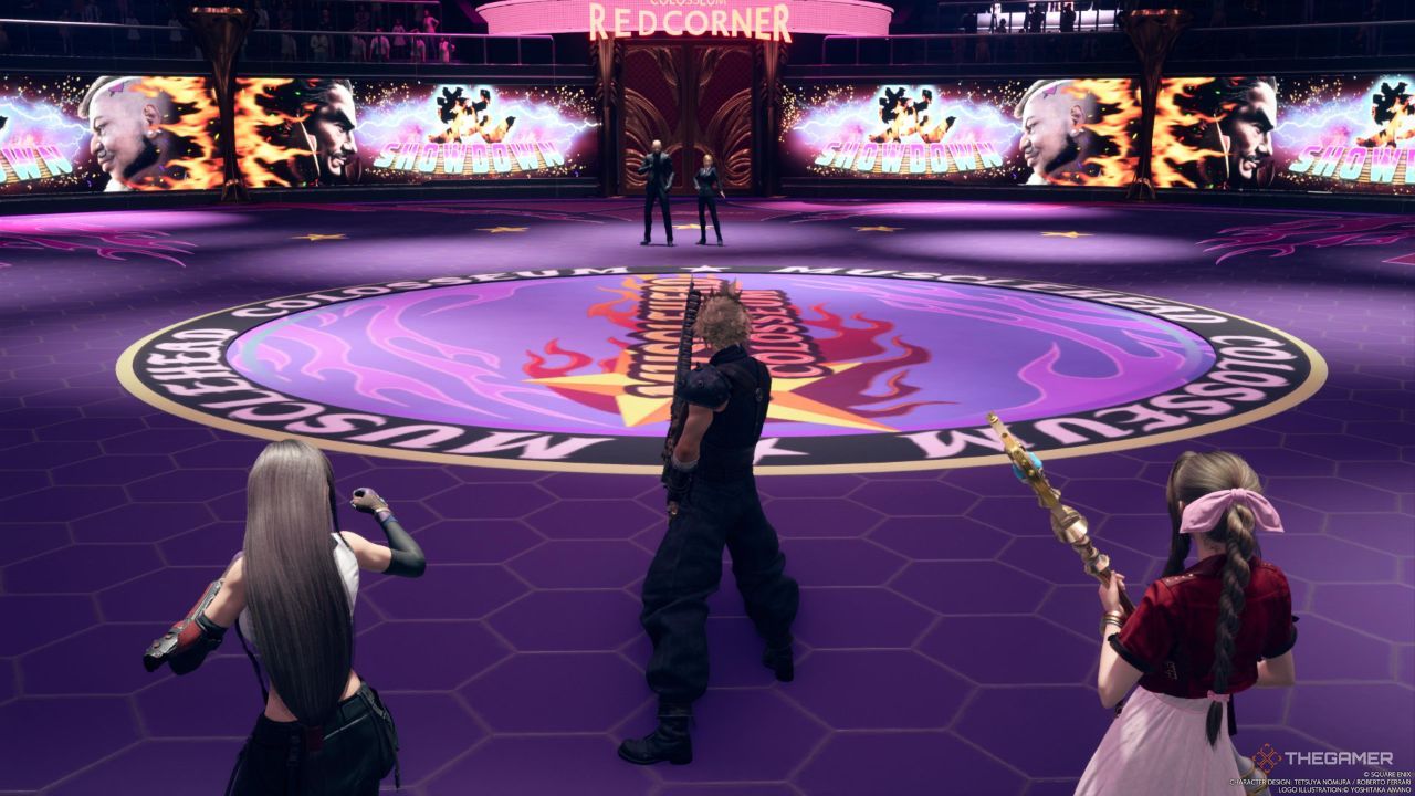 Cloud, Tifa y Aerith de pie ante Elena y Rude en el Musclehead Colosseum en Final Fantasy 7 Rebirth.