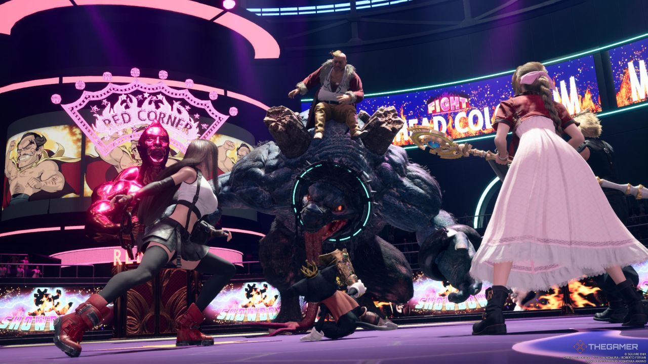 Corneo montado en Abzu, preparándose para la ronda final de la Lucha por los derechos de nombre en Final Fantasy 7 Rebirth.