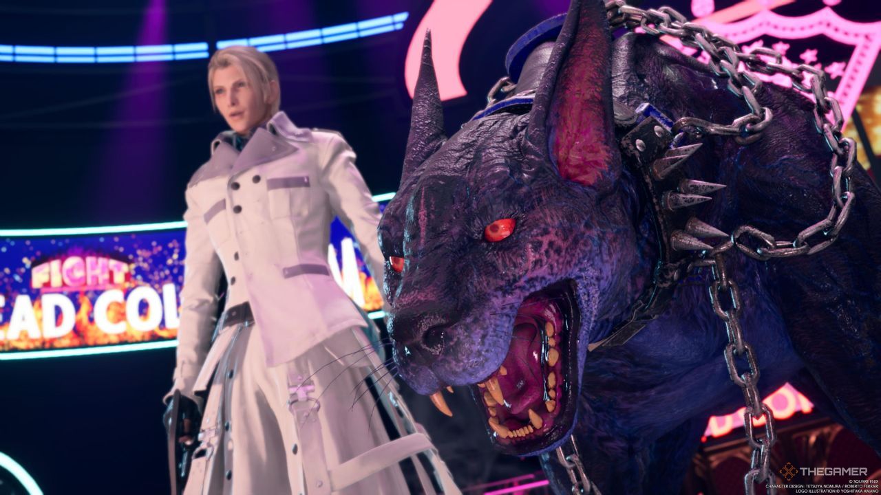 Rufus y su mascota, Darkstar, en el Musclehead Colosseum en Final Fantasy 7 Rebirth.