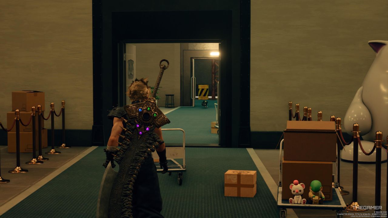 Cait Sith corriendo a través del utilidor hacia las trastiendas del Golden Saucer en Final Fantasy 7 Rebirth.