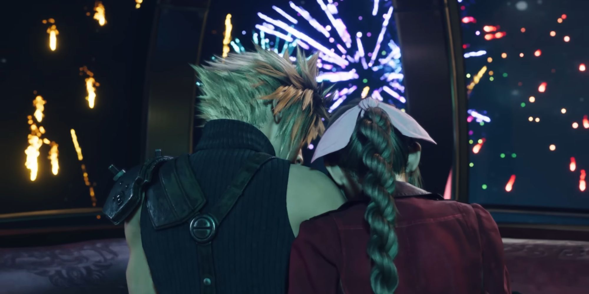 Final Fantasy 7 Rebirth Cloud y Aerith se abrazan en la noria del Gold Saucer