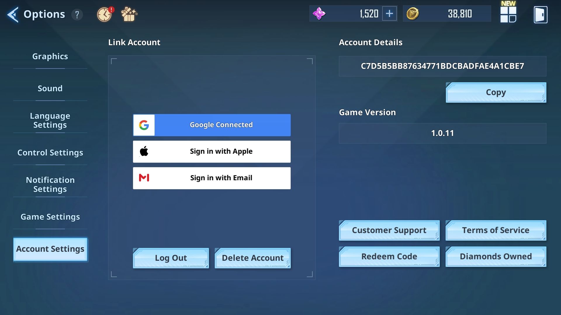 Pantalla de configuración de cuenta de Solo Leveling Arise