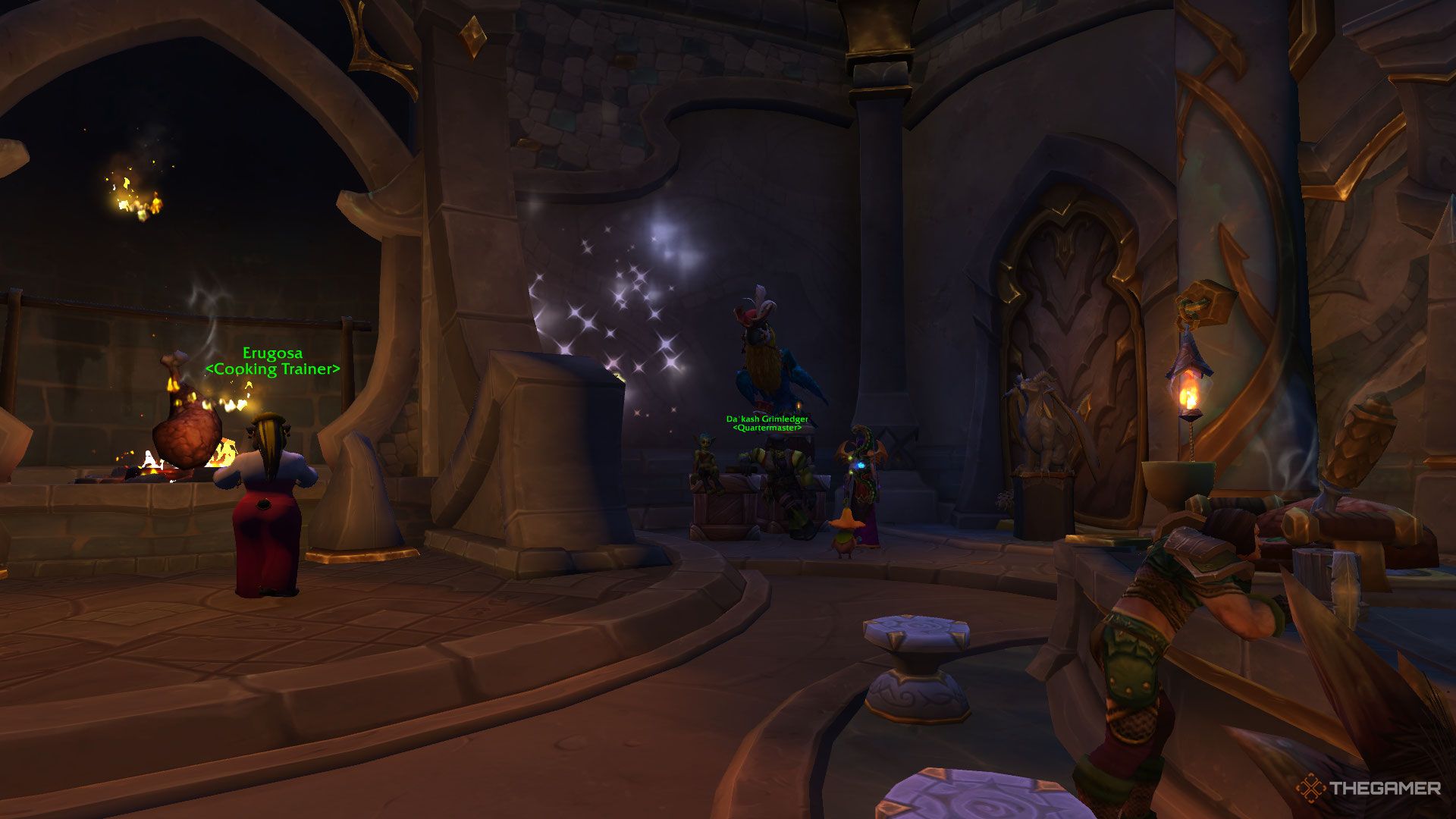 Da'kash Grimdleder en el carnero asado, Valdrakken, con su loro a su lado en World of Warcraft.