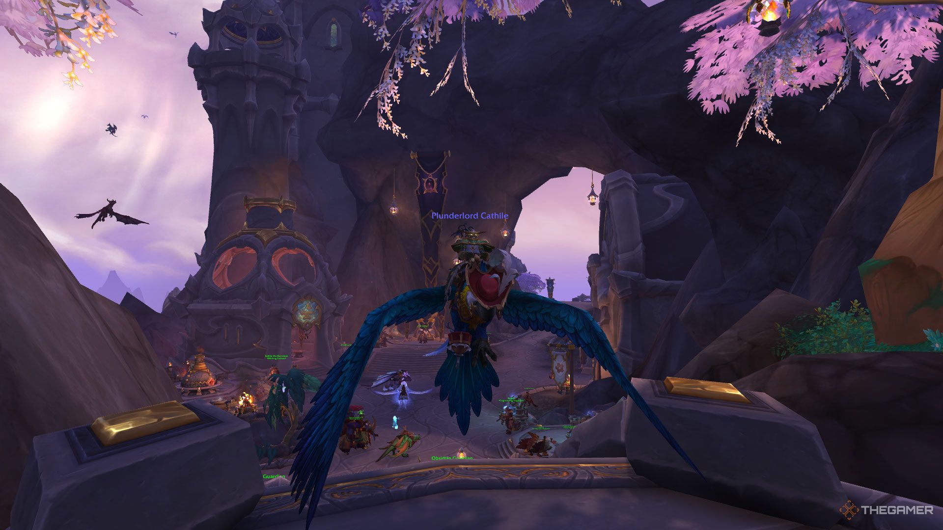 Montando la montura Renown 40, Polly Roger, con el título 'The Plunderlord' de World of Warcraft.