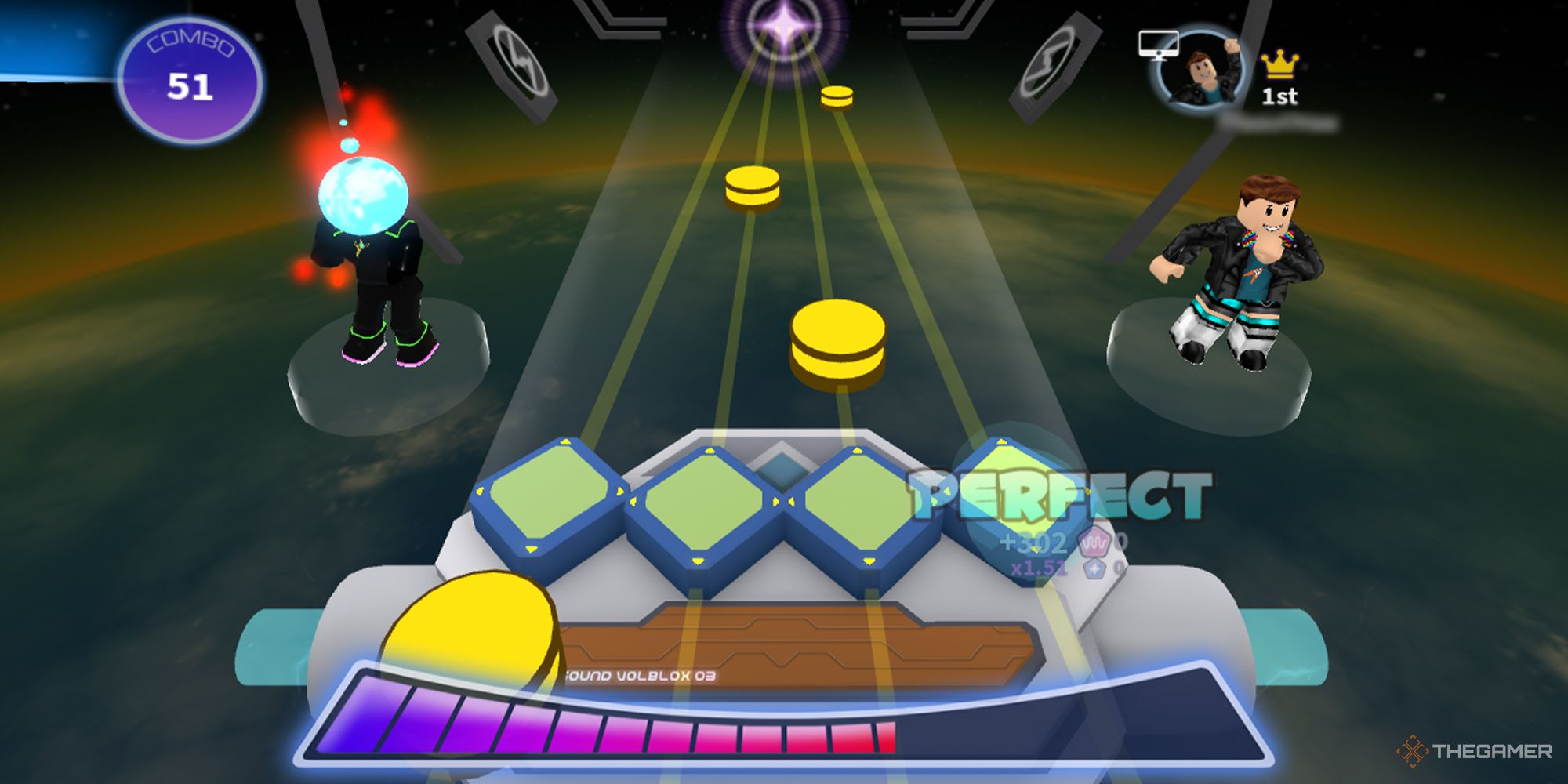 Dos personajes de Roblox bailan juntos mientras los íconos de notas descienden por la pantalla en Robeats.
