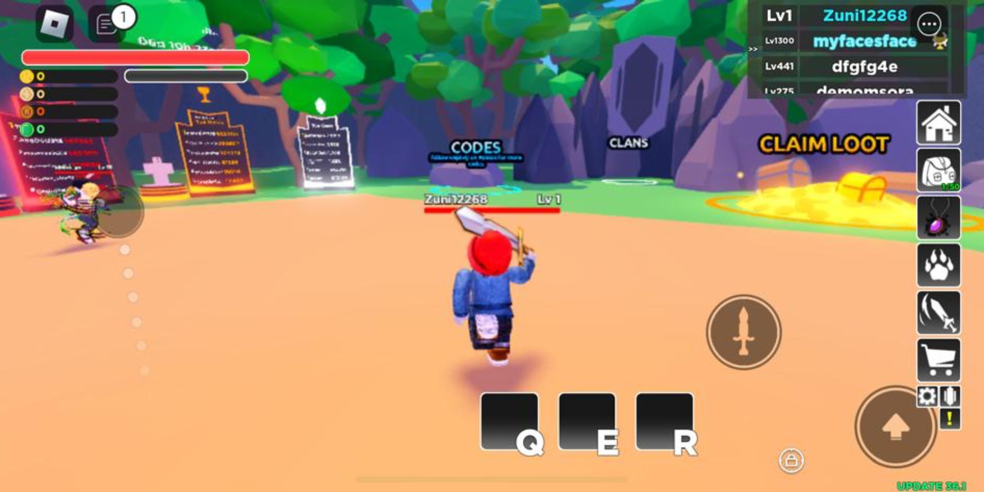 Un personaje de RPG Simulator acercándose a la sección de códigos.