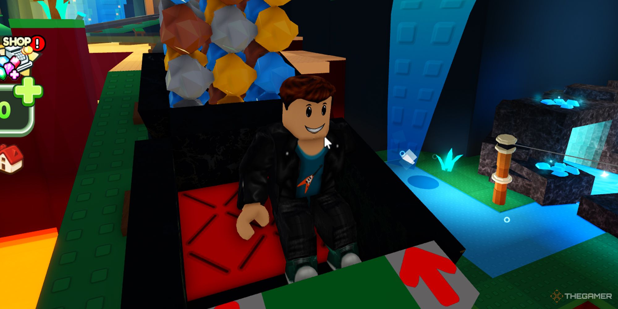 Un personaje de Roblox viaja en un carro lleno de gemas a través de una cueva en Cart Ride Tycoon.