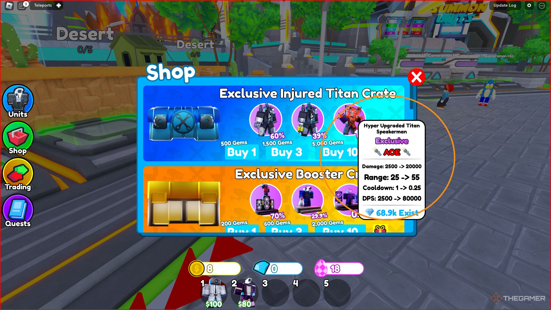 Una captura de pantalla de Roblox: Toilet Tower Defense que muestra al portavoz titán hipermejorado con una probabilidad del uno por ciento de caer desde la caja exclusiva del titán herido.