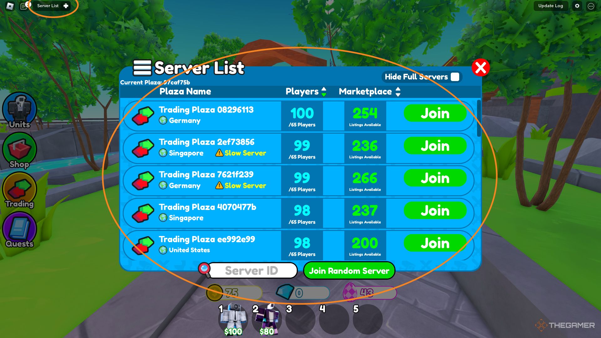 Una captura de pantalla de Roblox: Tower Defense con círculos naranjas que resaltan la lista de servidores en la parte superior derecha de la pantalla y el gran menú de selección de servidores en el medio de la pantalla. 