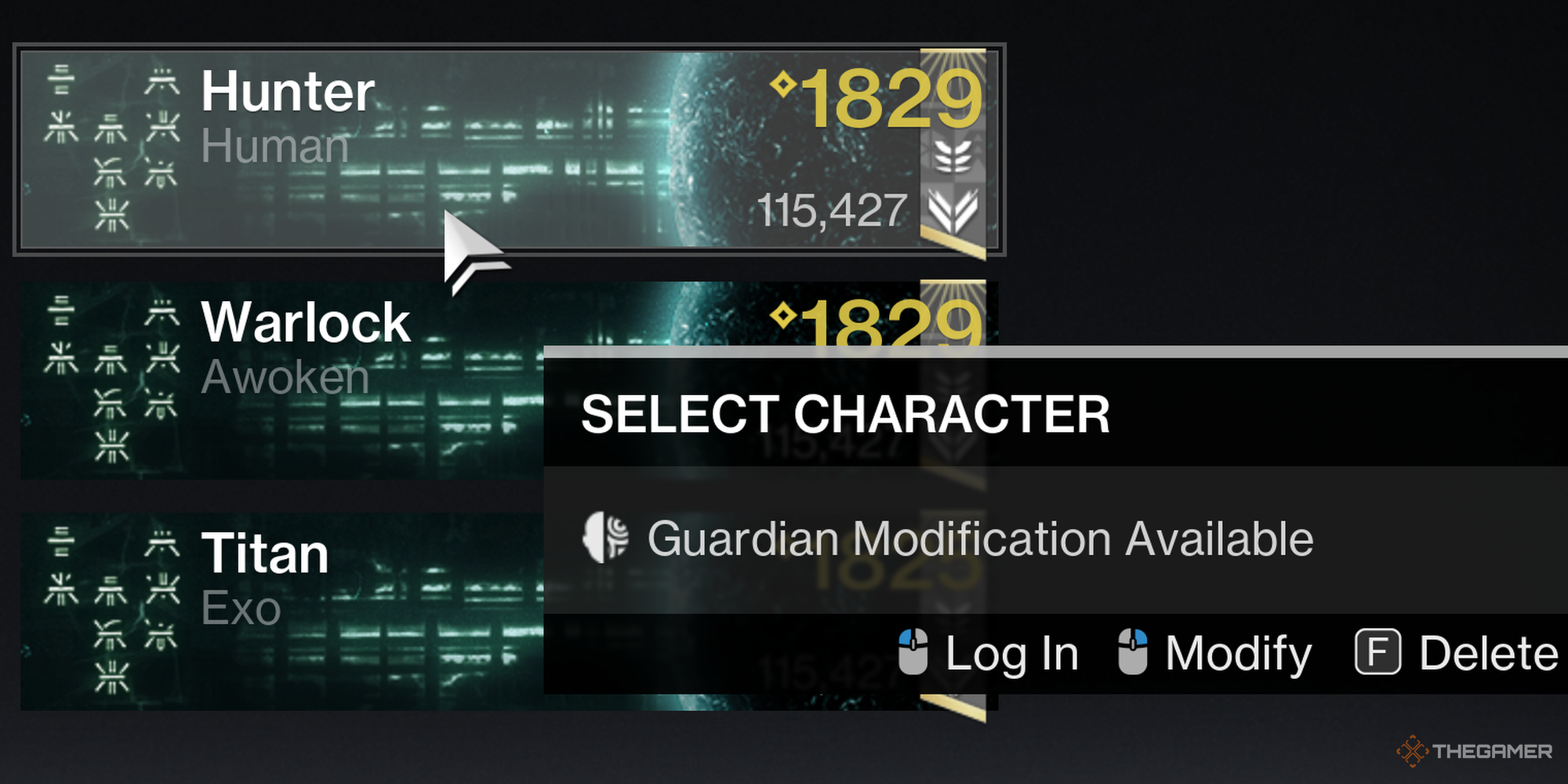Menú de selección de personajes de Destiny 2