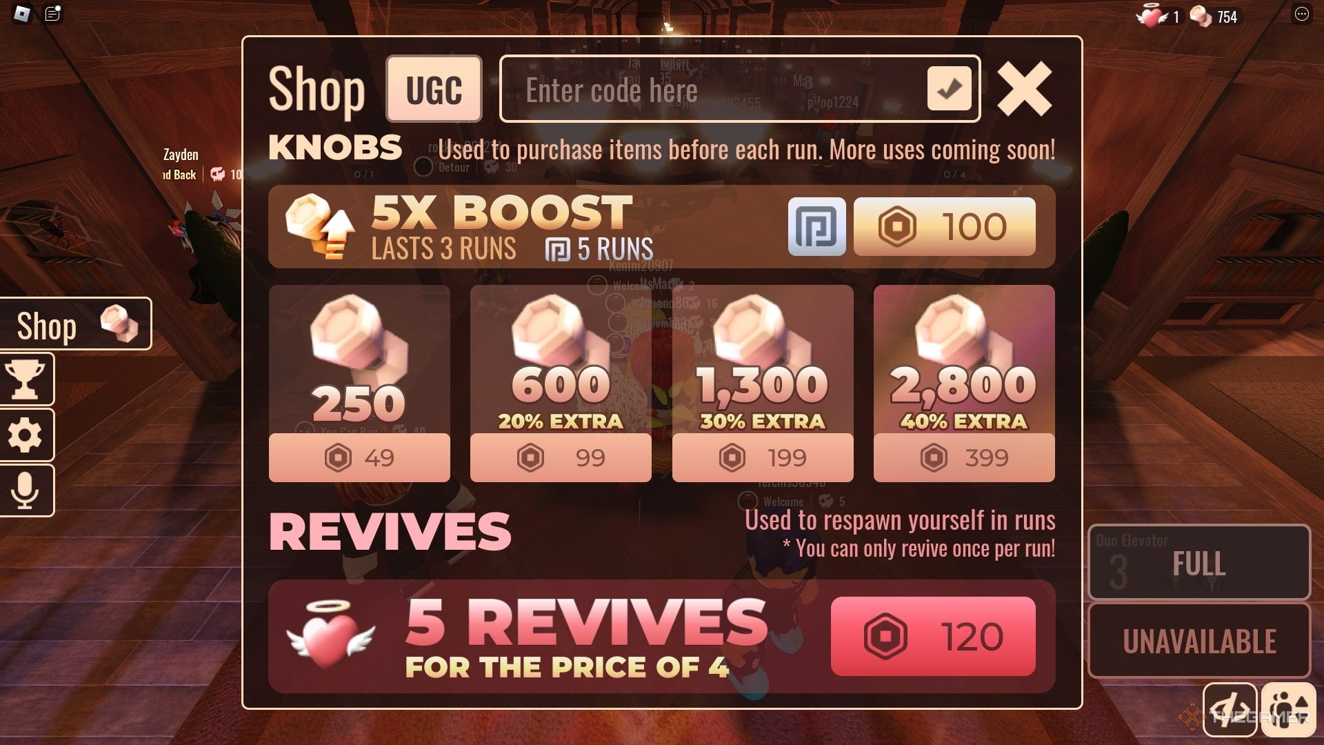 La selección de la tienda, que incluye perillas y revives, en Doors en Roblox.
