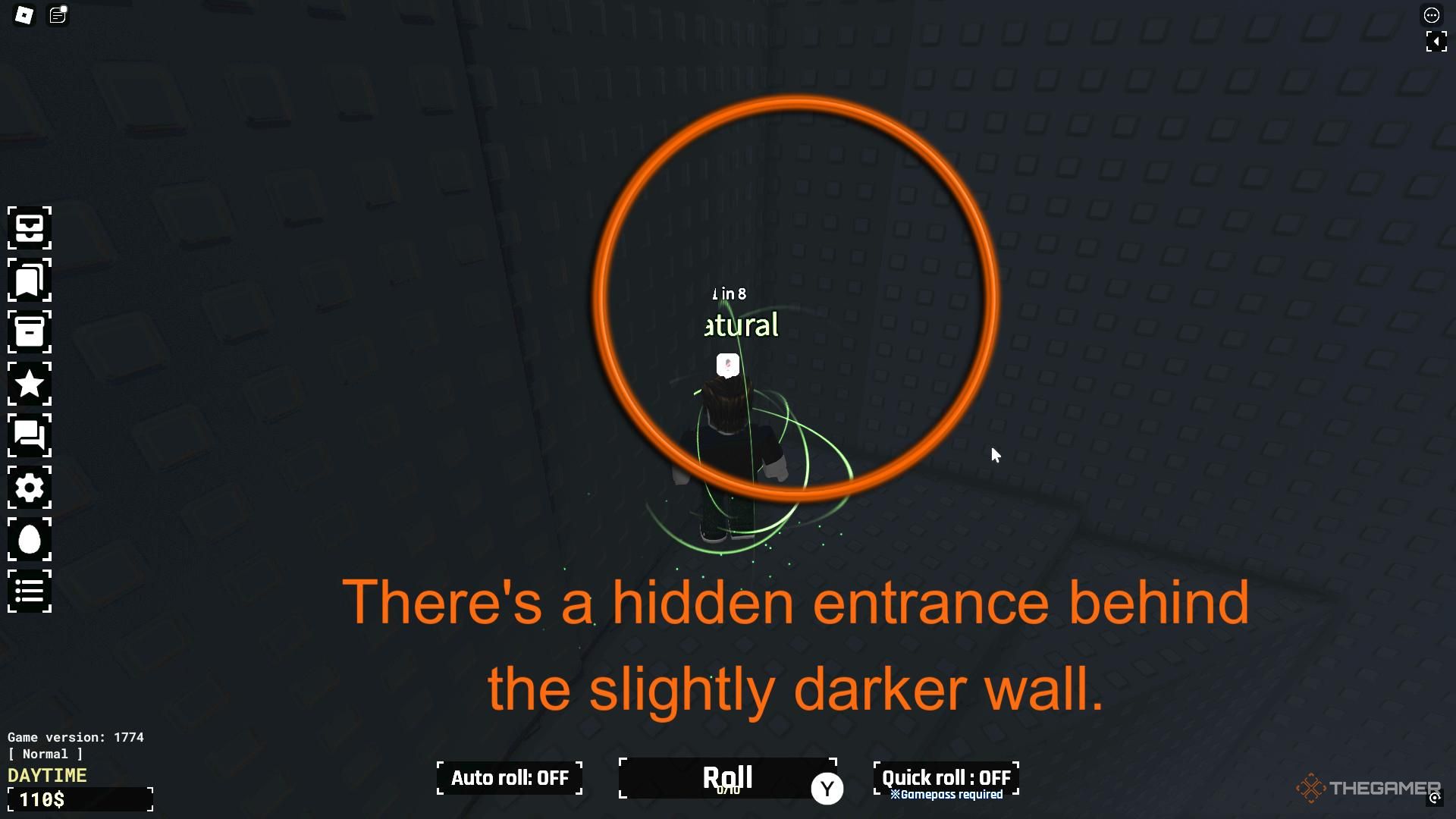 Una captura de pantalla de Roblox: Sol's RNG que muestra al personaje del jugador parado junto a la pared de una cueva que tiene una pequeña sección de pared más oscura. 