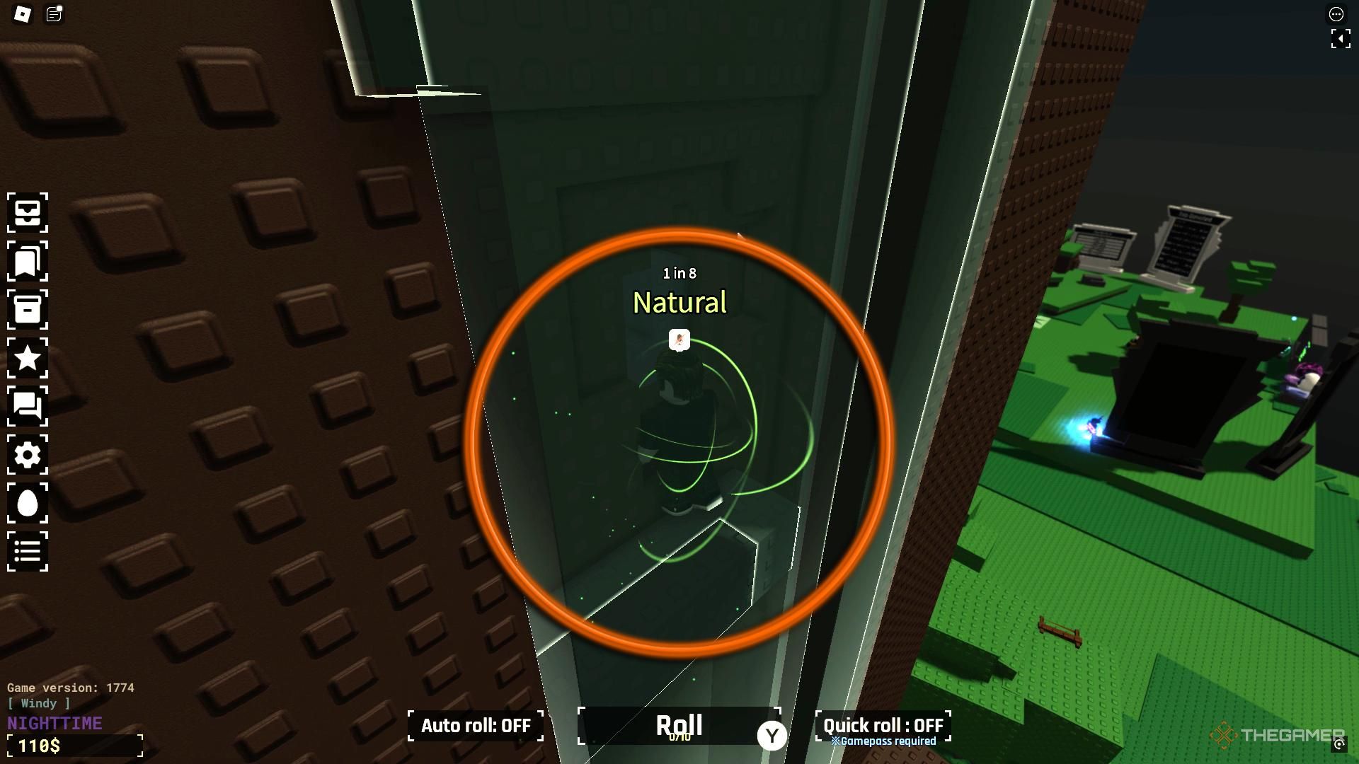 Una captura de pantalla de Roblox: Sol's RNG que muestra al personaje del jugador parado detrás de una cascada, parcialmente en un agujero en la pared que conduce a una cueva.  Se puede ver un círculo naranja alrededor del jugador mientras está parado a mitad de camino en la puerta.