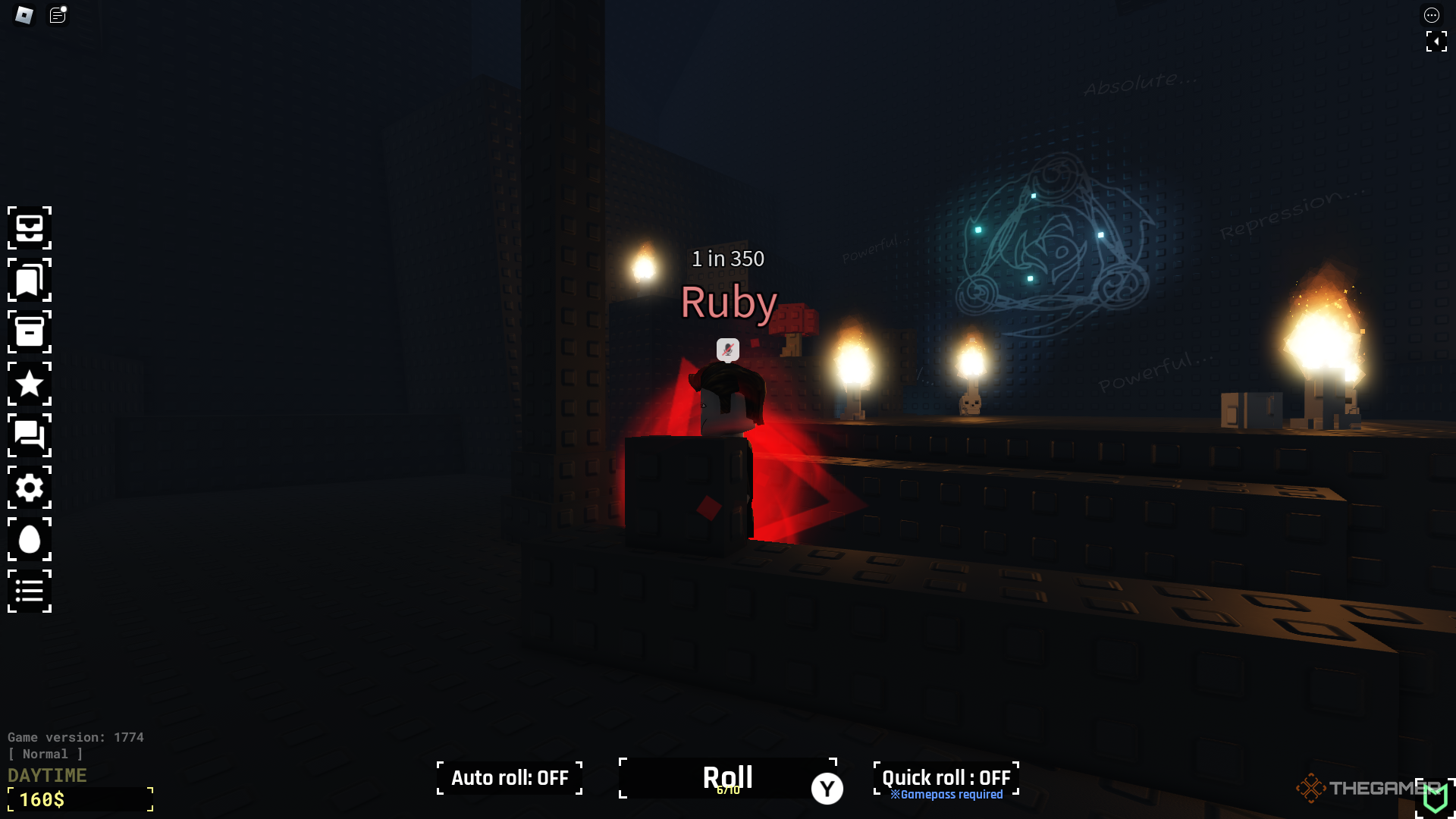 Una captura de pantalla de Roblox: Sol's RNG que muestra al personaje del jugador con un aura de 'Ruby' parado dentro de la sala del Altar, con diferentes velas de calavera decorando la sala. 