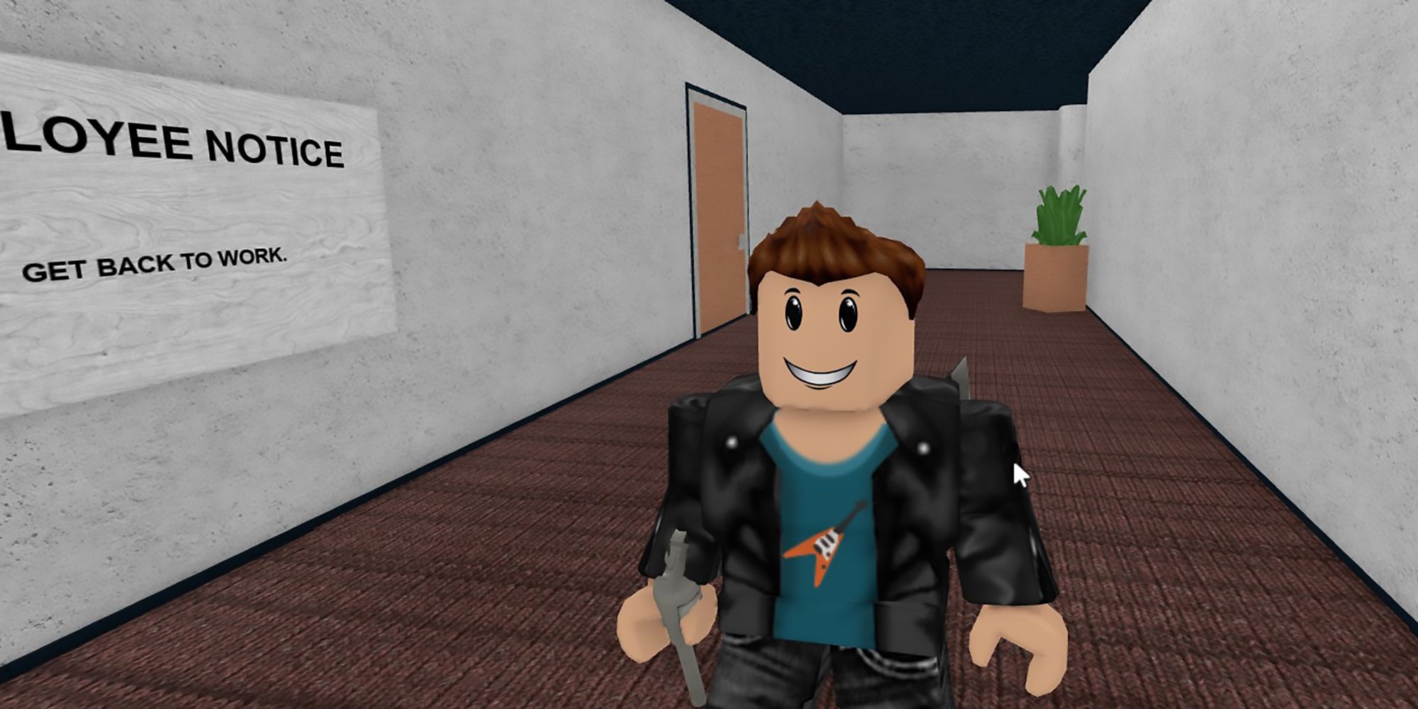 Un personaje de Roblox sostiene un arma en el pasillo de una oficina en Murder Mystery 2.
