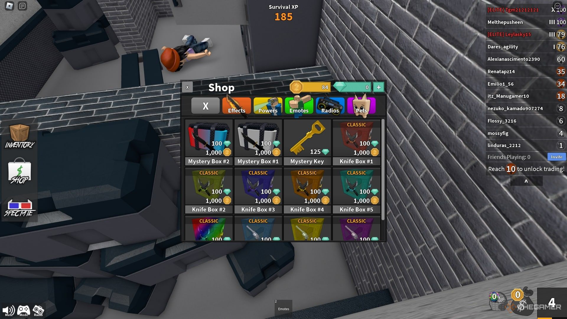 La selección de la tienda de armas en Murder Mystery 2 en Roblox.