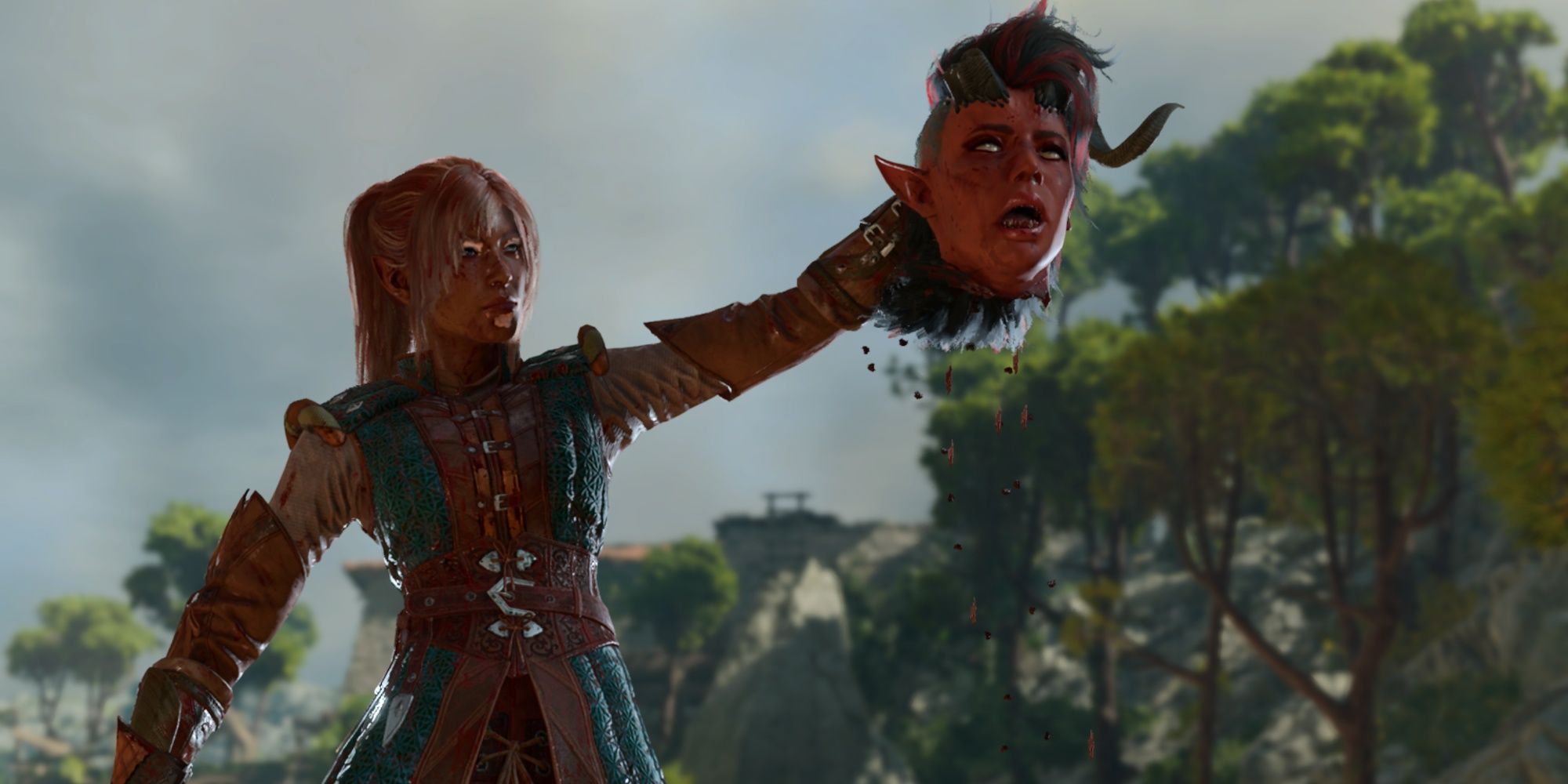 Tav sosteniendo la cabeza de Karlach después de decapitarla.