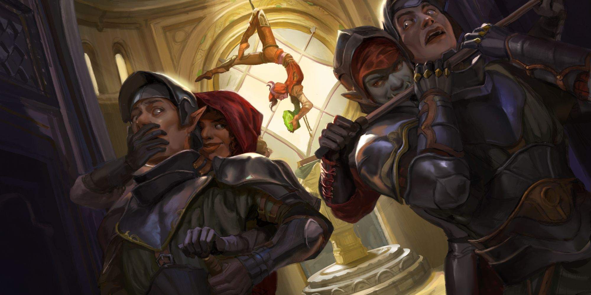dos personajes mantienen como rehenes a los guardias mientras otro roba un tesoro, D&D Keys from the Golden Vault, arte de Evyn Fong
