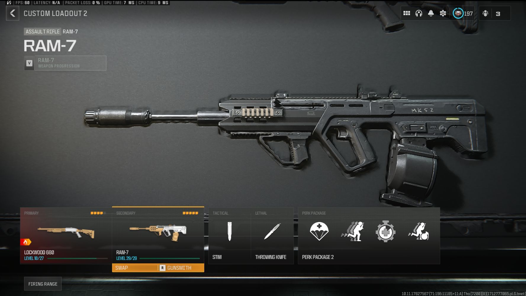 RAM-7 silenciada en gris en el menú de armas de Call Of Duty Warzone