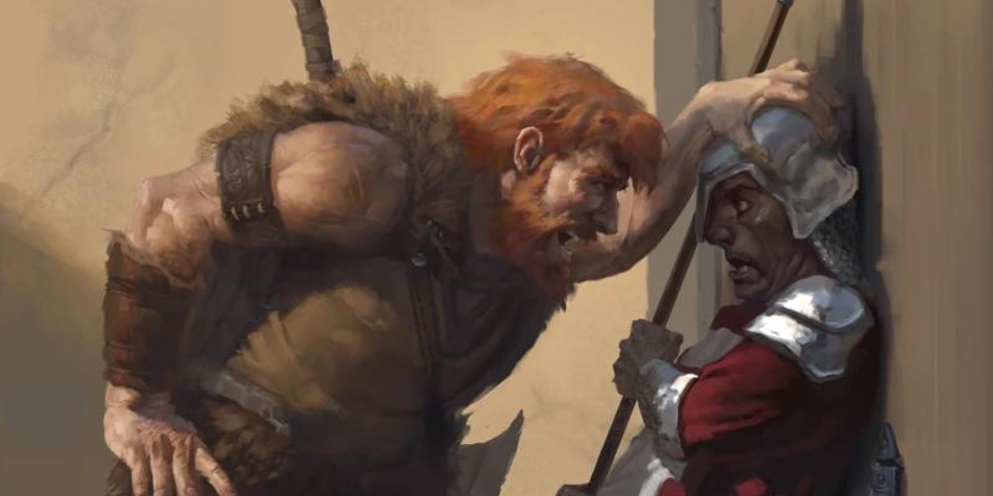 Un bárbaro intimidando a un guardia en D&D