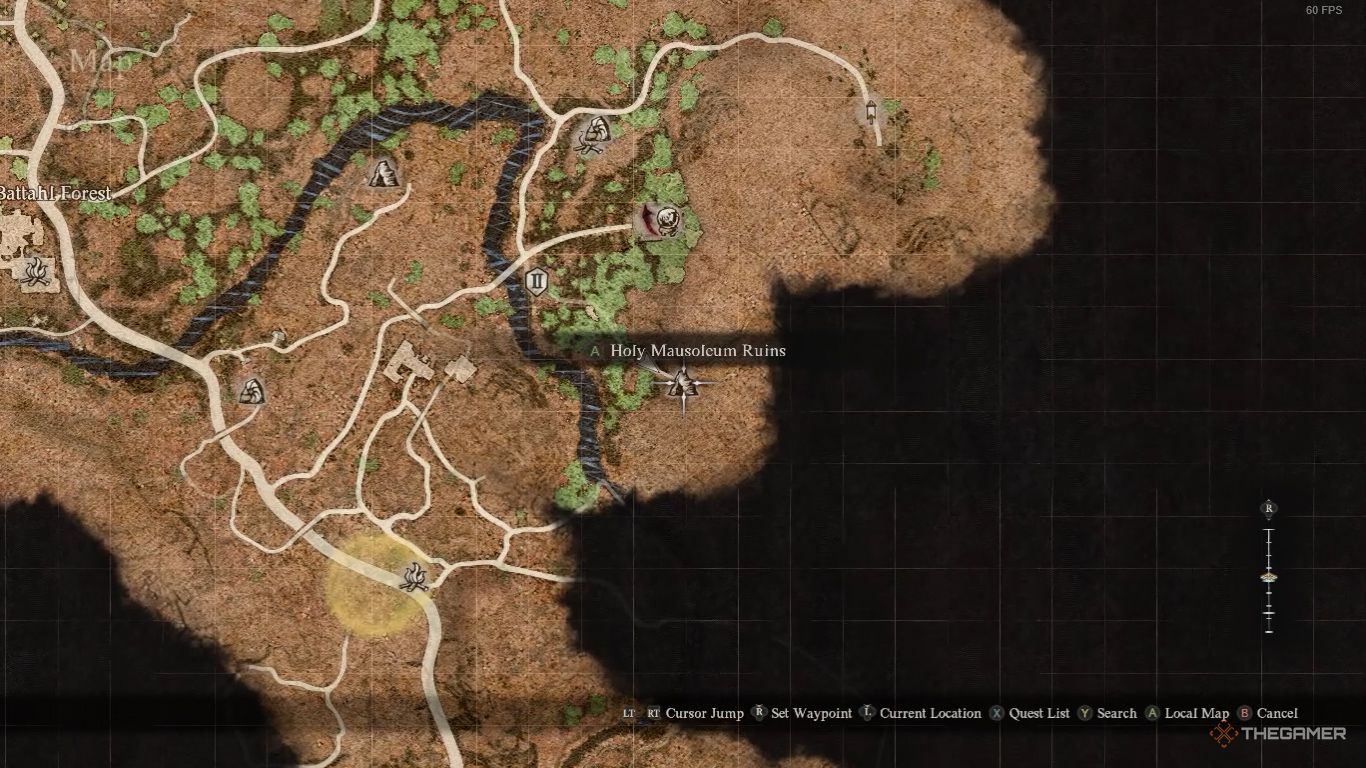Ubicación de la cueva de las Ruinas del Mausoleo Sagrado en el mapa de Dragon's Dogma 2