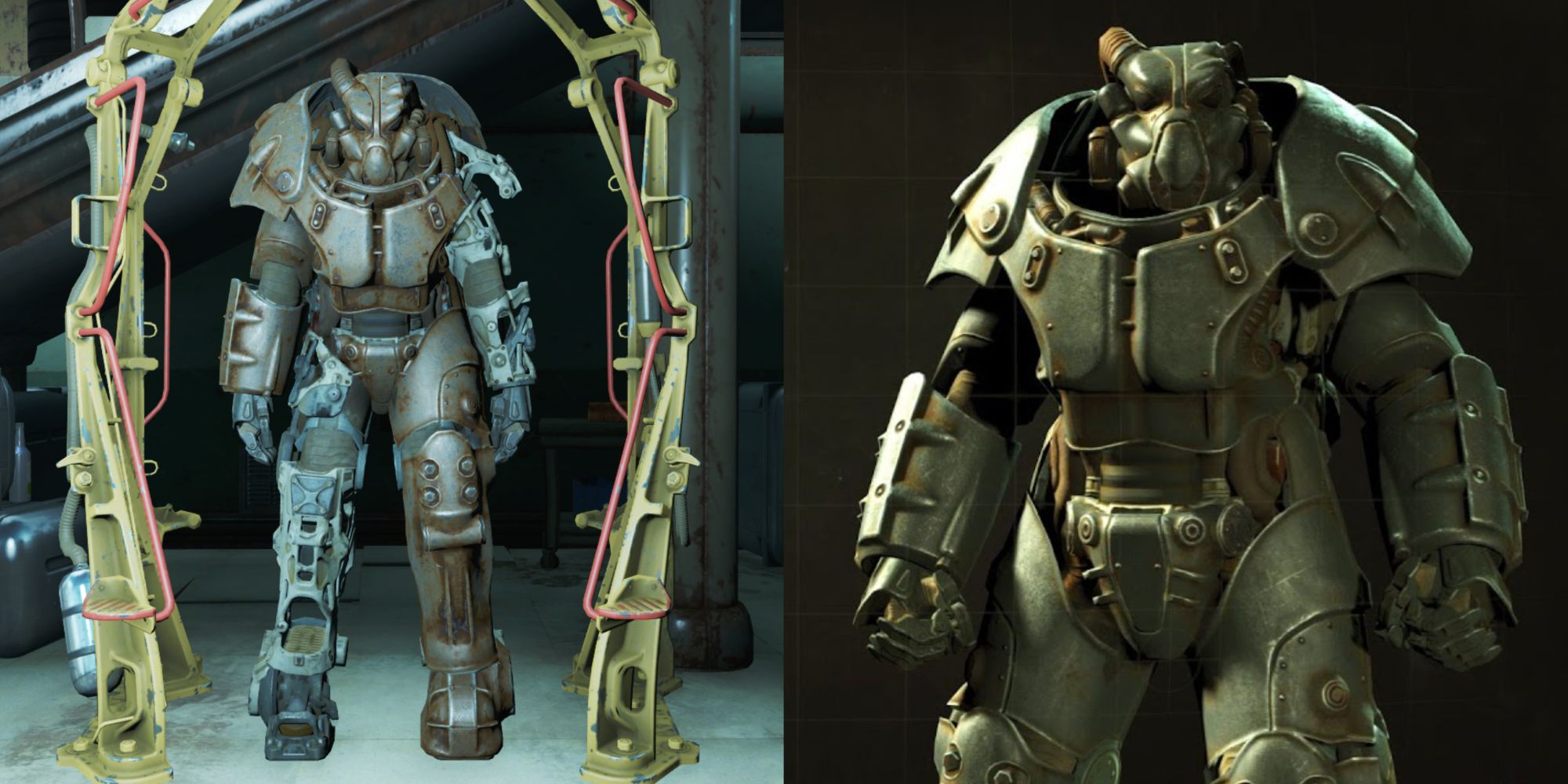 Un collage que muestra dos capturas de pantalla diferentes de la servoarmadura X-01.
