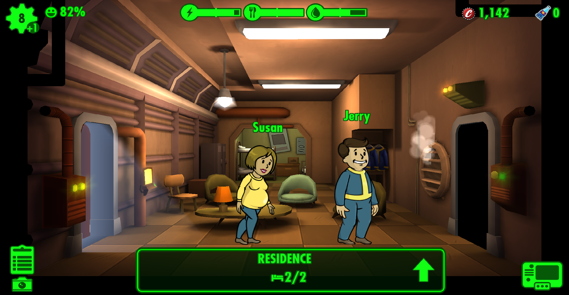 Fallout Shelter: una imagen de una habitante del refugio embarazada pasando tiempo con su pareja en Living Quarters.