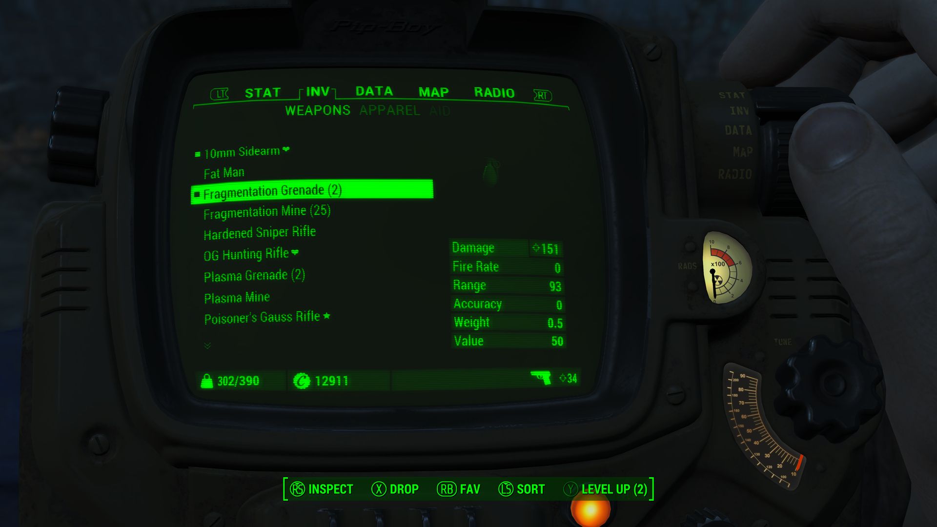 Granada de fragmentación Pip-Boy de Fallout 4 equipada