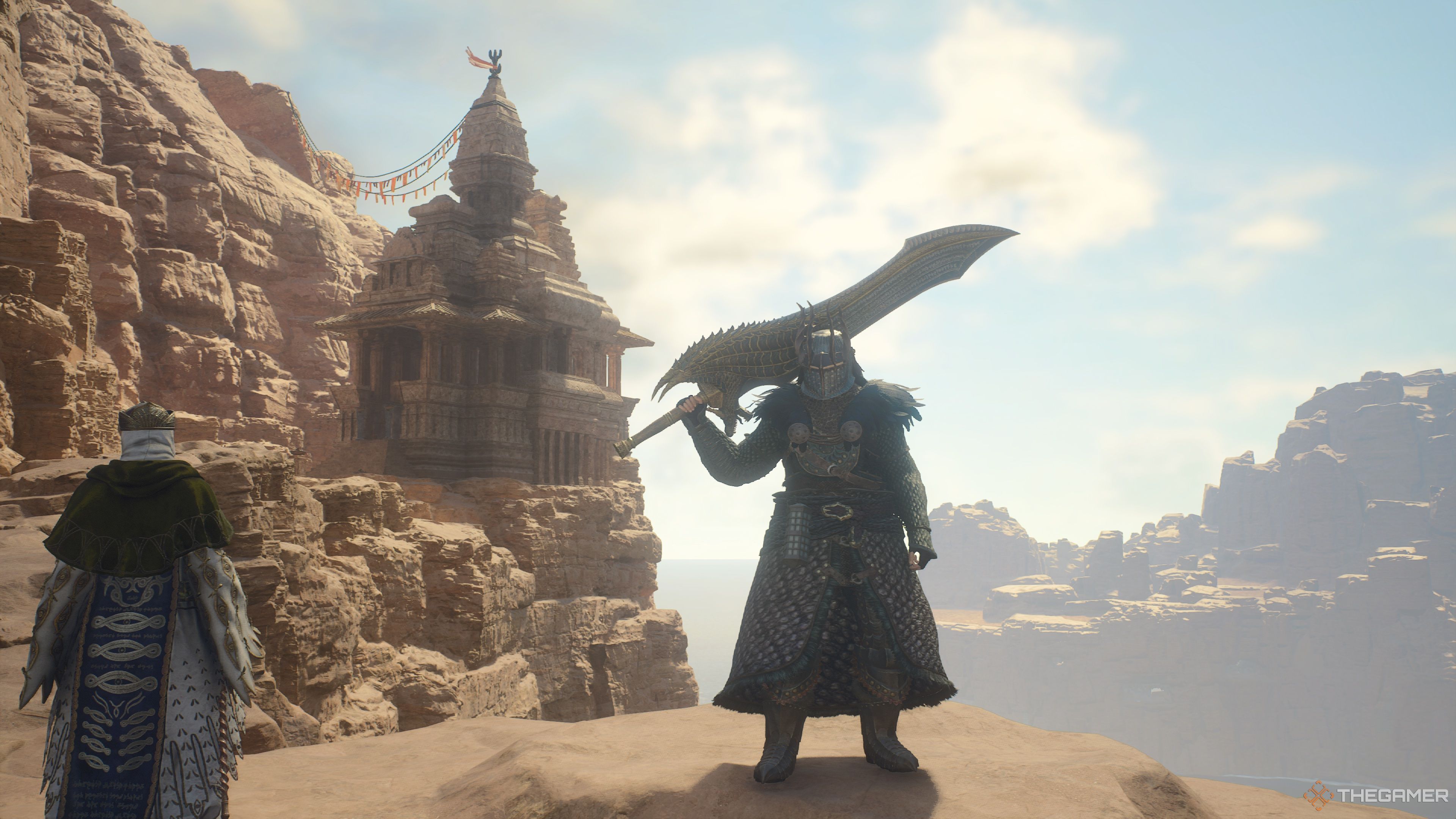 Un guerrero se encuentra afuera del Palacio Flamebearer en Dragon's Dogma 2.