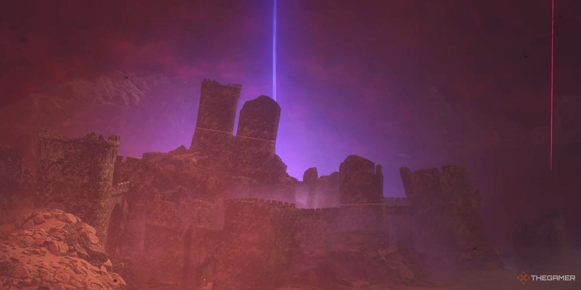 El Santuario Sagrado con un rayo proveniente del cielo en Dragon's Dogma 2.