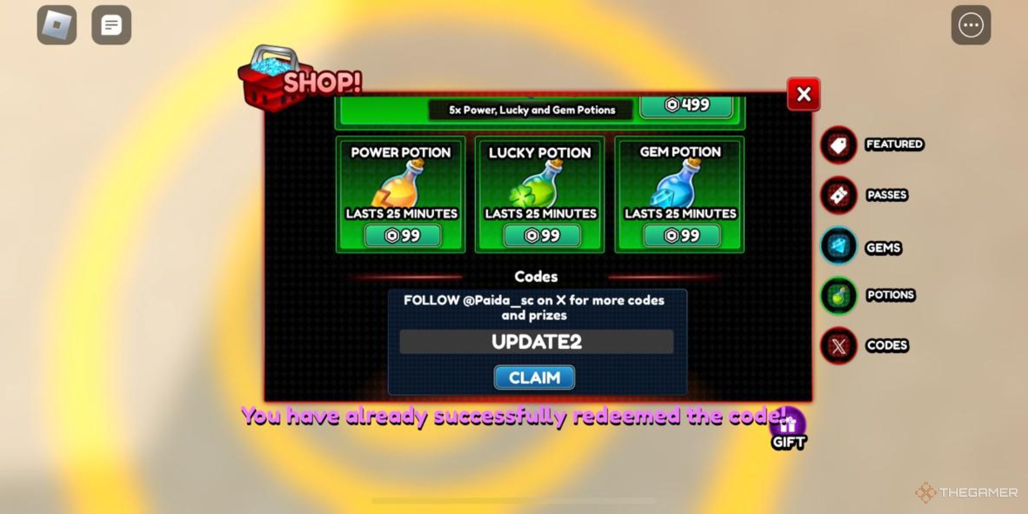 Una notificación que indica el canje exitoso del código en Roblox Island Simulator.