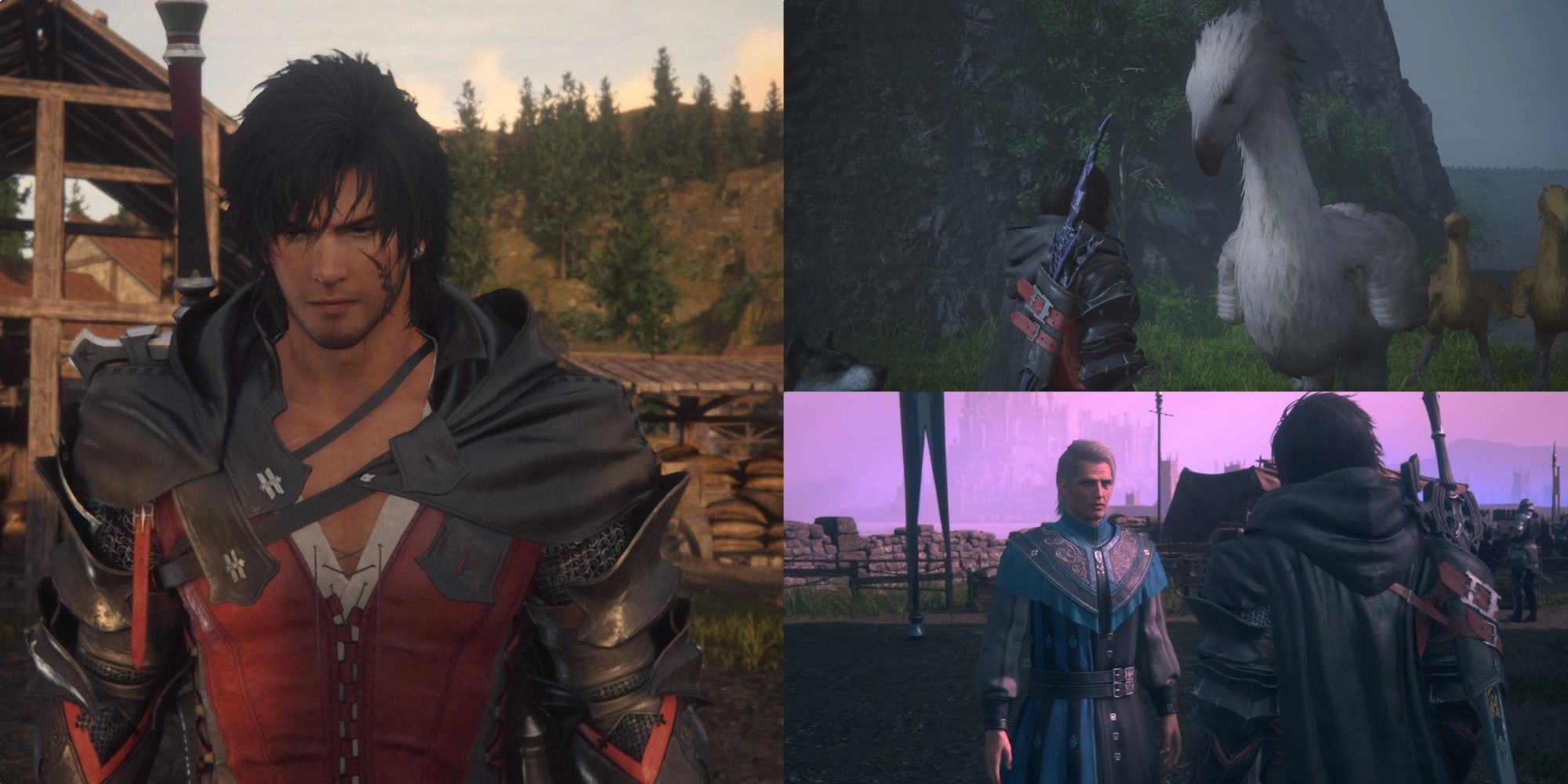 Una imagen dividida que muestra a Clive y sus escenas de misiones secundarias.