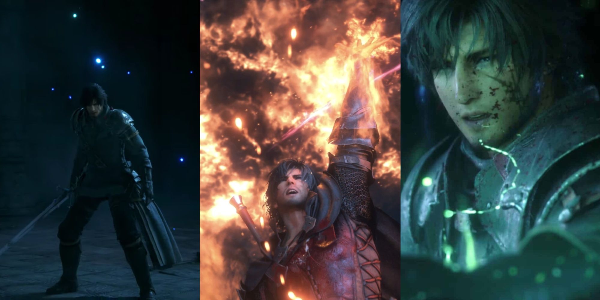 Collage de Final Fantasy 16 de Clive de pie con su espada (izquierda), controlando el fuego (centro) y rodeado de energía verde (derecha)
