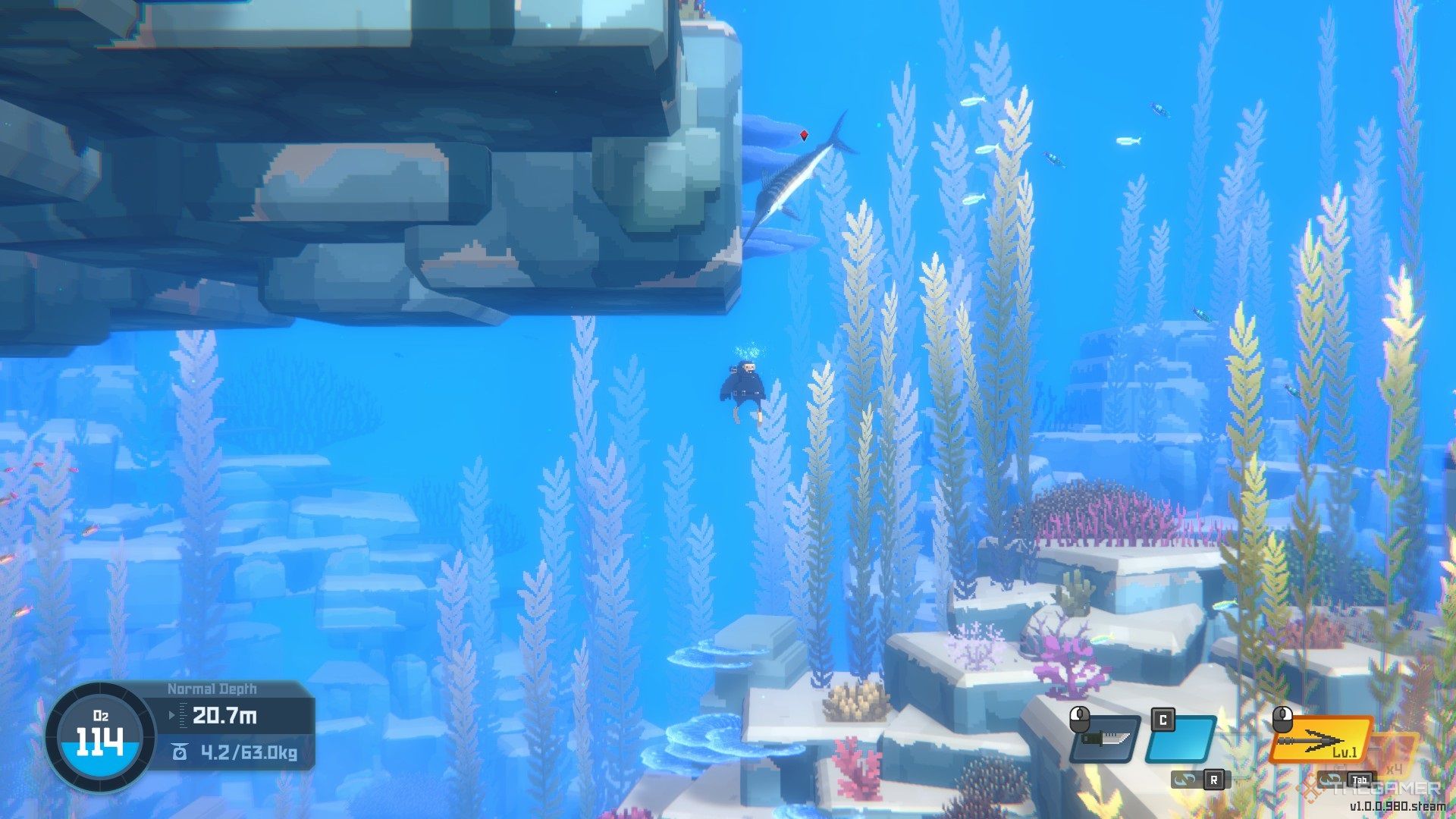 Dave the Diver junto a un pez espada.