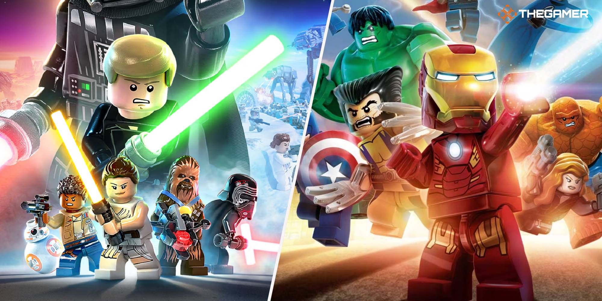 Portada de Lego Star Wars The Skywalker Saga dividida con portada para Lego Marvel Superheroes