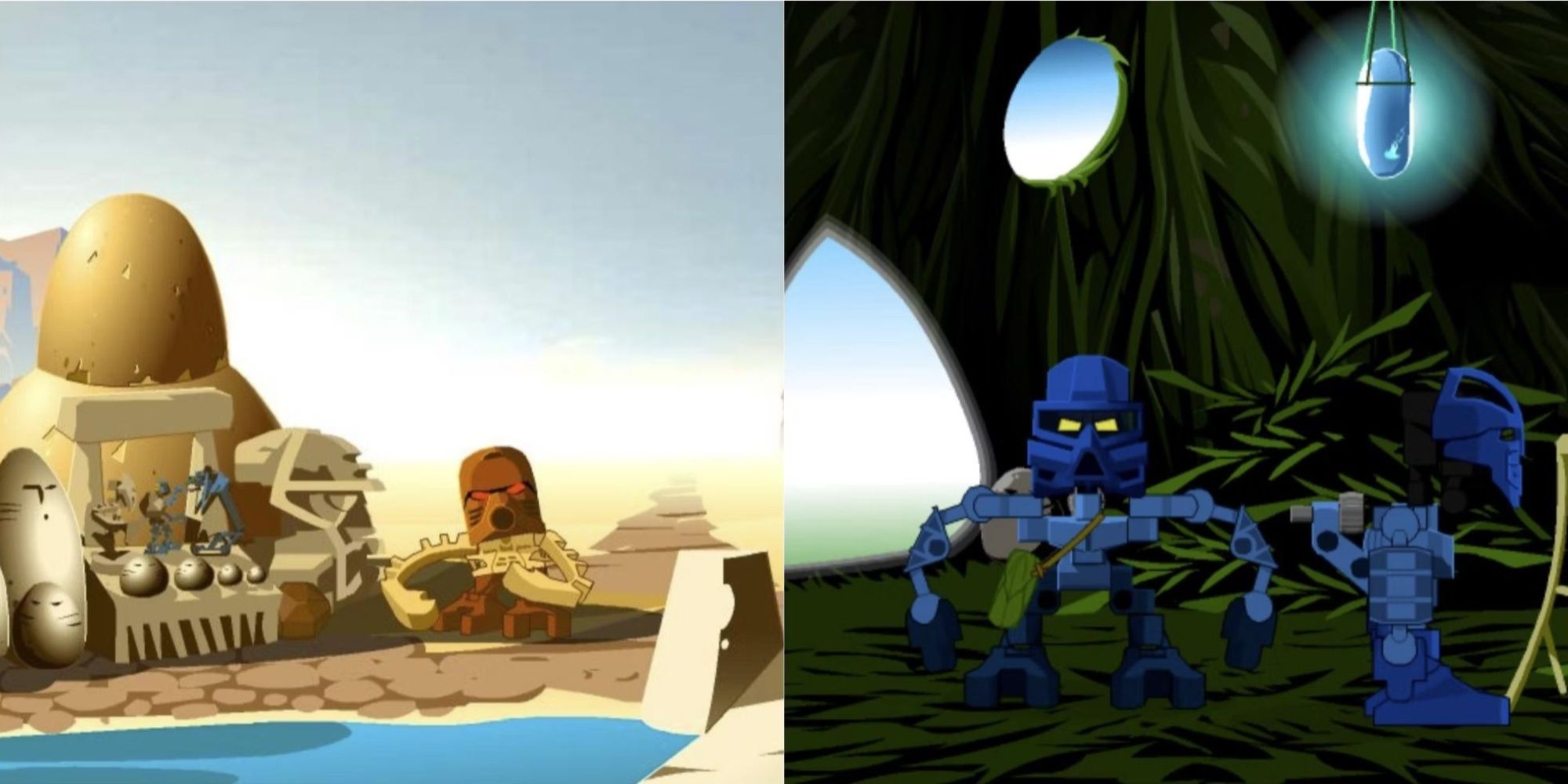 Aldeanos de Bionicle parados cerca de un paisaje de piedra y hierba