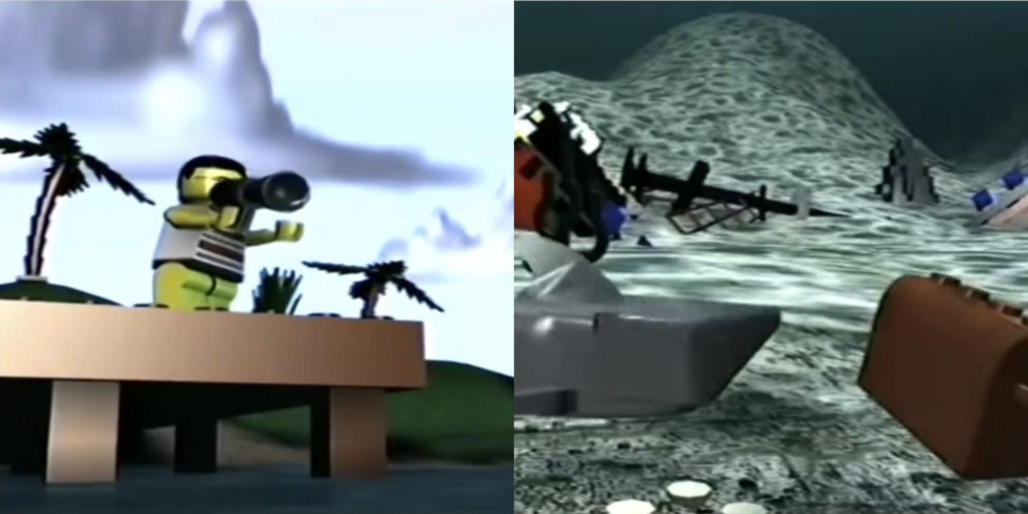 Minifigura de Lego sobre un megáfono y cofre del tesoro de observación de tiburones Lego