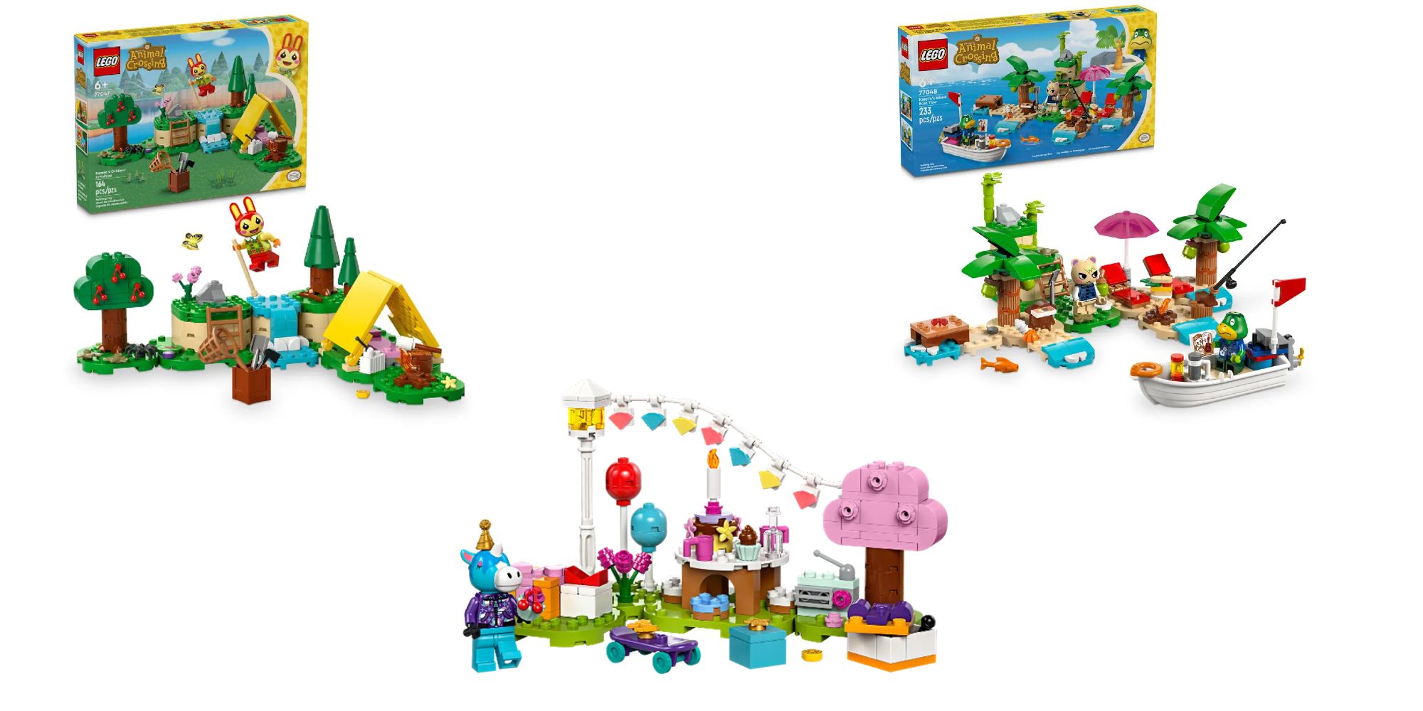 Imagen de encabezado de los mejores juegos de Lego de Animal Crossing en 2024 con imágenes de Bunnie's Island Adventure, Birthday Surprise y Kapp'n's Boat Adventure